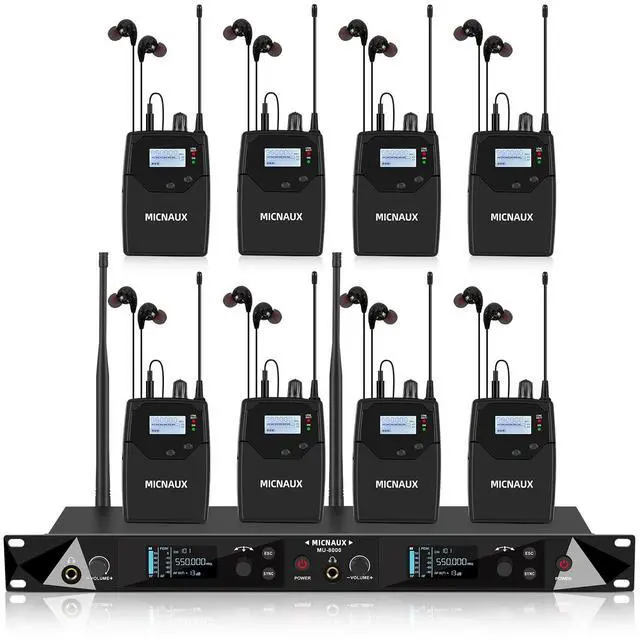 Main image of Wireless in Ear Monitor System, 2 Channel UHF Pro Mono IEM System for Singer Musicians, 2x40 Frequencies, 330ft Range, Rack Mount Transmitter and Bodypacks Receiver for Band, Studio (8 Pack)