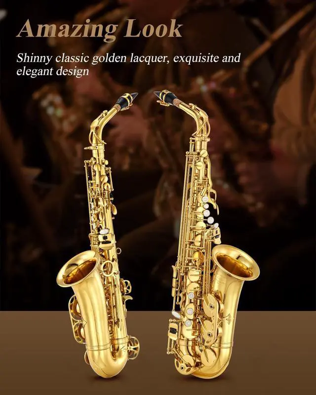 Alt view image 2 of 7 - Student Alto Saxophone E Flat for Beginner Sax Full Kit with Carrying Case, Mouthpiece, Straps, Reeds, Stand, Golden Lacquer, AS-