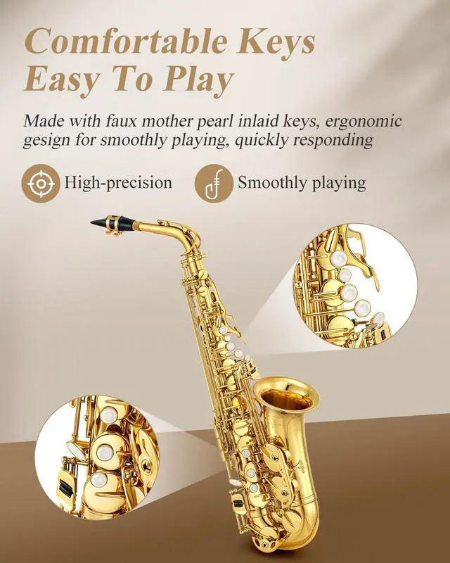 Alt view image 3 of 7 - Student Alto Saxophone E Flat for Beginner Sax Full Kit with Carrying Case, Mouthpiece, Straps, Reeds, Stand, Golden Lacquer, AS-