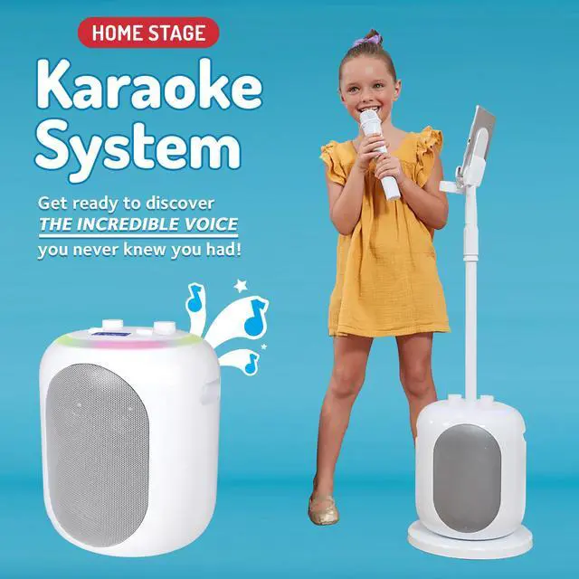 Alt view image 2 of 7 - Portable Karaoke Machine for Adults & Kids with 2 Wireless Microphones, Home Stage (White) - Built-in Karaoke Speaker, Bluetooth with LED Lights - Karaoke System with Voice Enhancer