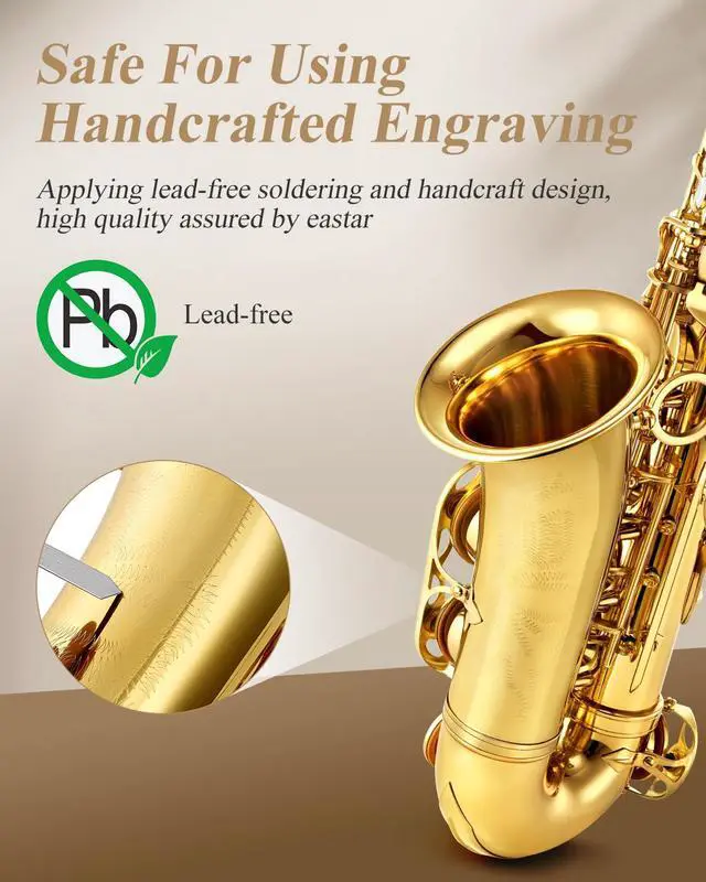 Alt view image 4 of 7 - Student Alto Saxophone E Flat for Beginner Sax Full Kit with Carrying Case, Mouthpiece, Straps, Reeds, Stand, Golden Lacquer, AS-
