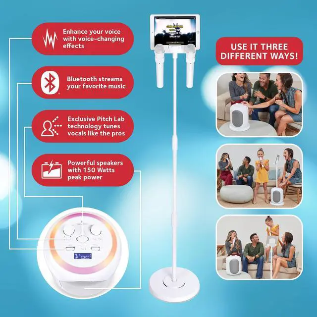 Alt view image 3 of 7 - Portable Karaoke Machine for Adults & Kids with 2 Wireless Microphones, Home Stage (White) - Built-in Karaoke Speaker, Bluetooth with LED Lights - Karaoke System with Voice Enhancer