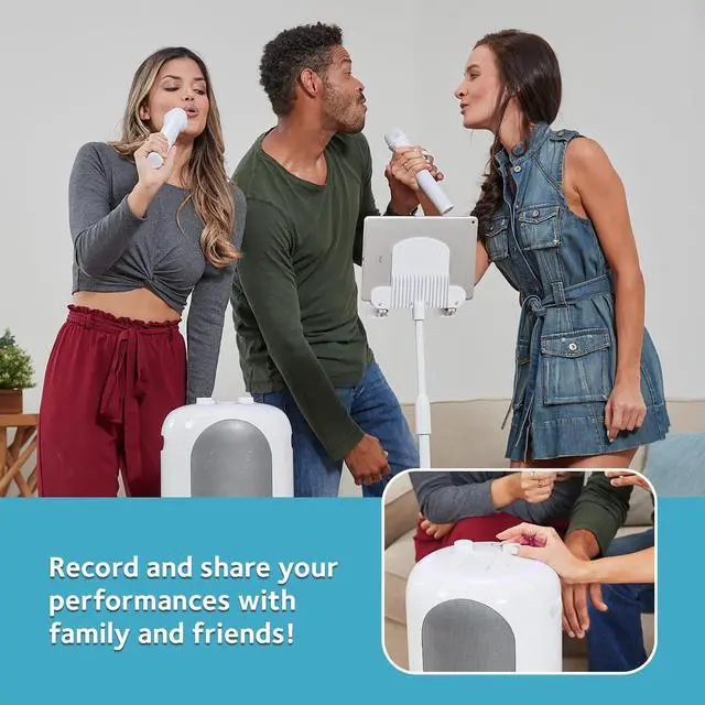 Alt view image 4 of 7 - Portable Karaoke Machine for Adults & Kids with 2 Wireless Microphones, Home Stage (White) - Built-in Karaoke Speaker, Bluetooth with LED Lights - Karaoke System with Voice Enhancer