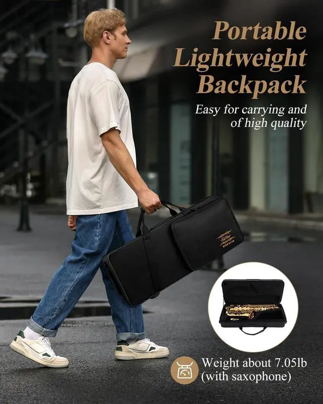 Alt view image 6 of 7 - Student Alto Saxophone E Flat for Beginner Sax Full Kit with Carrying Case, Mouthpiece, Straps, Reeds, Stand, Golden Lacquer, AS-