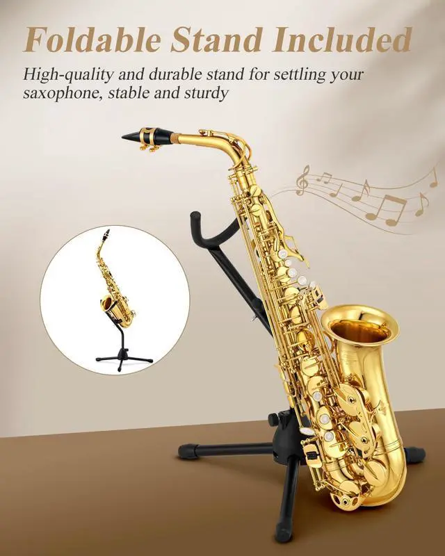 Alt view image 7 of 7 - Student Alto Saxophone E Flat for Beginner Sax Full Kit with Carrying Case, Mouthpiece, Straps, Reeds, Stand, Golden Lacquer, AS-