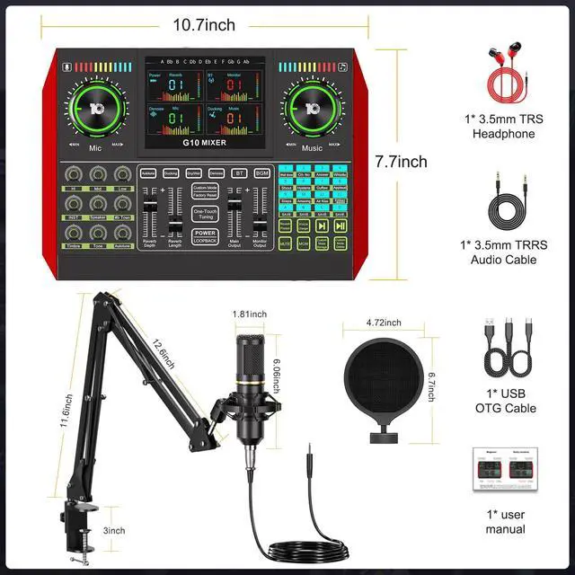 Alt view image 2 of 7 - Podcast Microphone Bundle with Live Sound Card Audio Mixer, Podcast Equipment Bundle with 3.5mm Boom Mic for Pc/Phone Live Streaming Singing Gaming, Sound Board with Voice Changer, Denoise