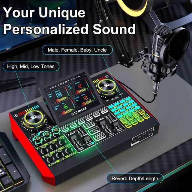 Alt view image 3 of 7 - Podcast Microphone Bundle with Live Sound Card Audio Mixer, Podcast Equipment Bundle with 3.5mm Boom Mic for Pc/Phone Live Streaming Singing Gaming, Sound Board with Voice Changer, Denoise