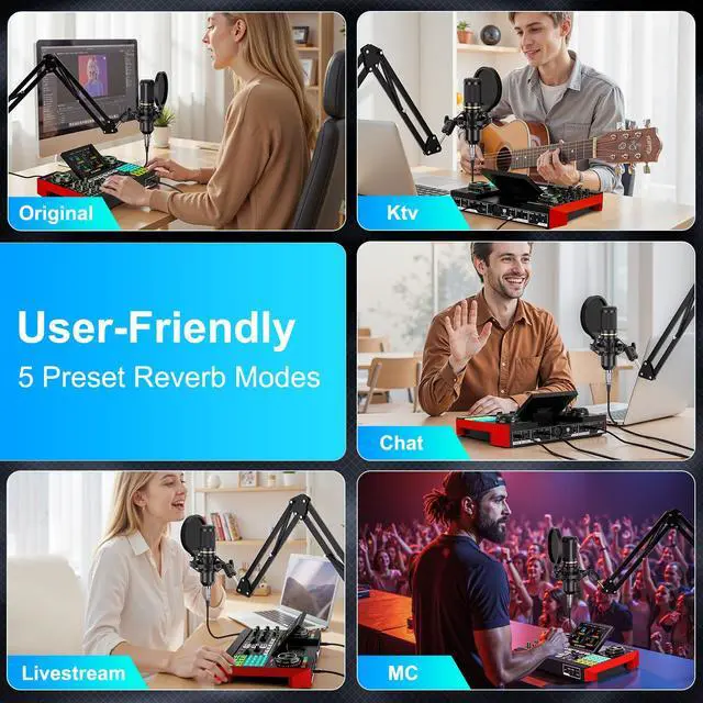 Alt view image 4 of 7 - Podcast Microphone Bundle with Live Sound Card Audio Mixer, Podcast Equipment Bundle with 3.5mm Boom Mic for Pc/Phone Live Streaming Singing Gaming, Sound Board with Voice Changer, Denoise