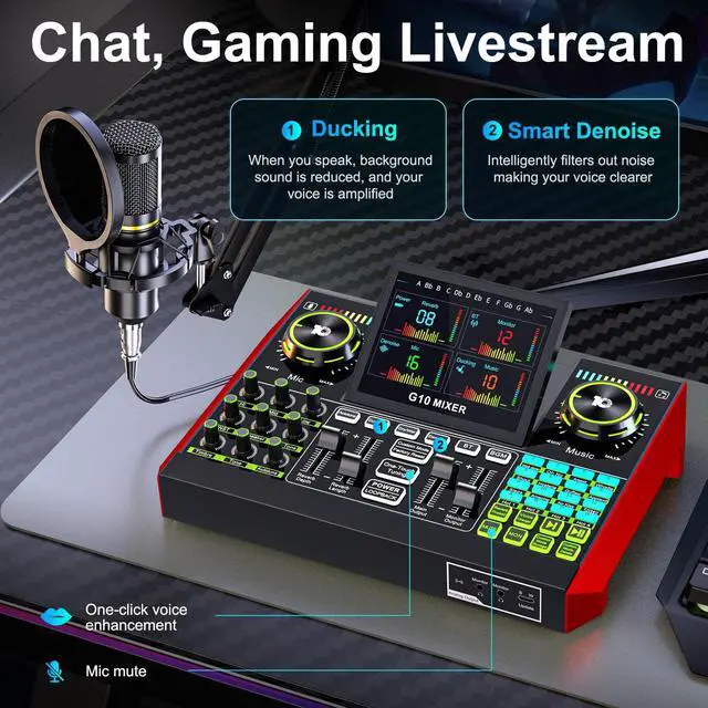Alt view image 5 of 7 - Podcast Microphone Bundle with Live Sound Card Audio Mixer, Podcast Equipment Bundle with 3.5mm Boom Mic for Pc/Phone Live Streaming Singing Gaming, Sound Board with Voice Changer, Denoise