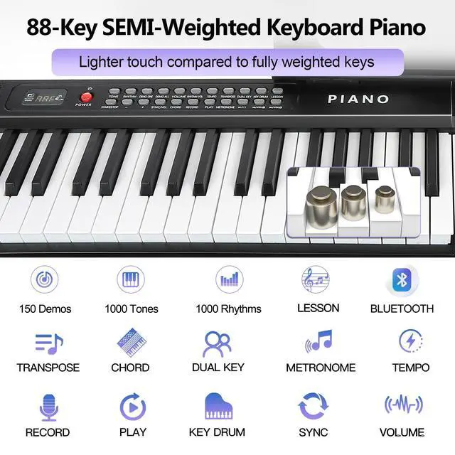 Alt view image 3 of 7 - 88 Key SEMI-Weighted Keyboard Piano for Beginners w/Teaching Mode | MIDI Connection, Bluetooth, Follow Mode, 1000 Tones/Rhythms, 150 Demos, Sustain Pedal, Plug-in Powered, Foldable & Portable