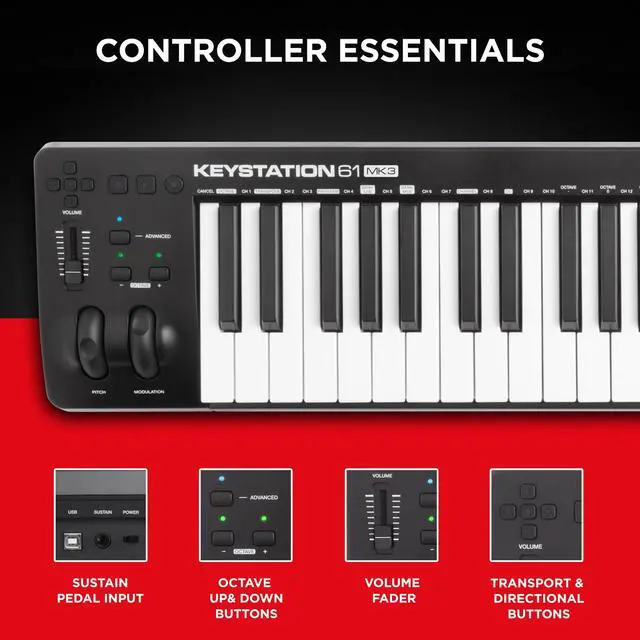 Alt view image 4 of 7 - Keystation 61 MK3 - Synth Action 61 Key USB MIDI Keyboard Controller with Assignable Controls, Pitch and Mod Wheels, and Software Included