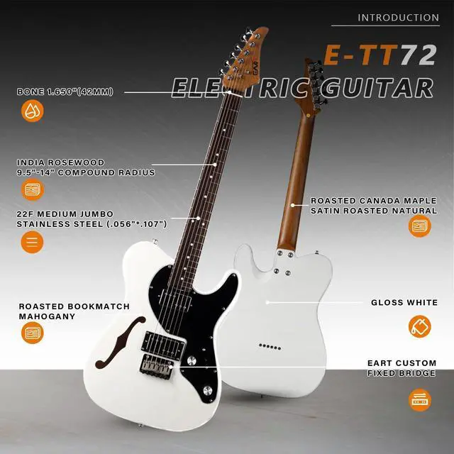 Alt view image 2 of 6 - E-TT72 6 String Semi-Hollow-Body Electric Guitar Versatile Playability, Powerful Humbucker Pickups Fixed Bridge Guitars