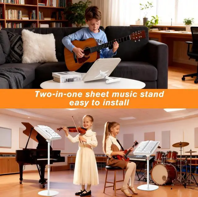 Alt view image 2 of 6 - 2-in-1 Wooden Music Stand, Floor & Tabletop Sheet Music Stand | Music Stand for Sheet Music 16.5"-51" Adjustable Height & Tilting Angle, Ideal for Violin, Guitar (White - Minimalist)