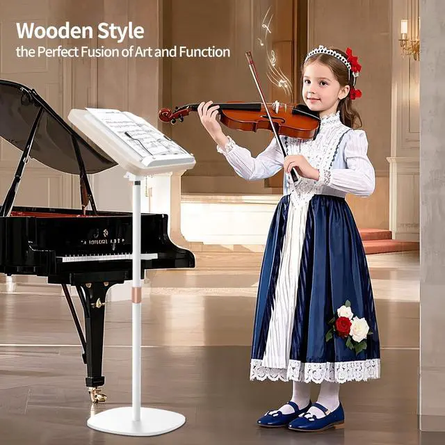 Alt view image 3 of 6 - 2-in-1 Wooden Music Stand, Floor & Tabletop Sheet Music Stand | Music Stand for Sheet Music 16.5"-51" Adjustable Height & Tilting Angle, Ideal for Violin, Guitar (White - Minimalist)
