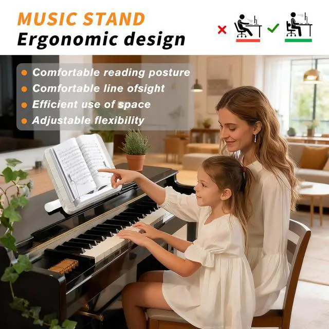 Alt view image 5 of 6 - 2-in-1 Wooden Music Stand, Floor & Tabletop Sheet Music Stand with Tray | Music Stand for Sheet Music 16.5"-51" Adjustable Height & Tilting Angle, Ideal for Violin, Guitar & Classroom (White)