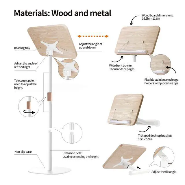 Alt view image 6 of 6 - 2-in-1 Wooden Music Stand, Floor & Tabletop Sheet Music Stand | Music Stand for Sheet Music 16.5"-51" Adjustable Height & Tilting Angle, Ideal for Violin, Guitar (White - Minimalist)