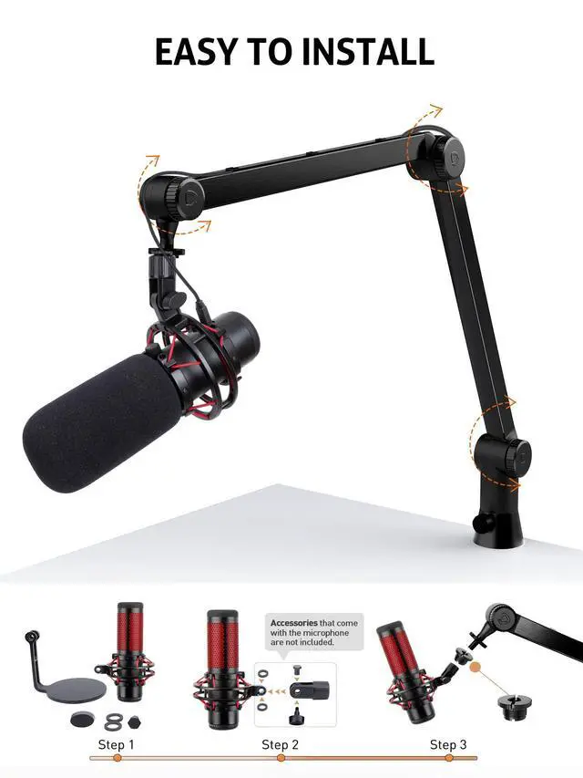 Alt view image 2 of 7 - HyperX QuadCast Boom Arm - Upgraded Heavy Duty Mic Arm with HyperX QuadCast Pop Filter, 360° Rotatable Microphone Arm for QuadCast S