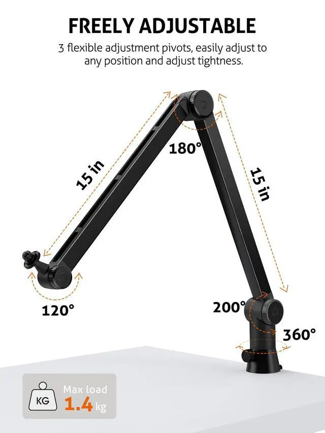 Alt view image 4 of 7 - HyperX QuadCast Boom Arm - Upgraded Heavy Duty Mic Arm with HyperX QuadCast Pop Filter, 360° Rotatable Microphone Arm for QuadCast S