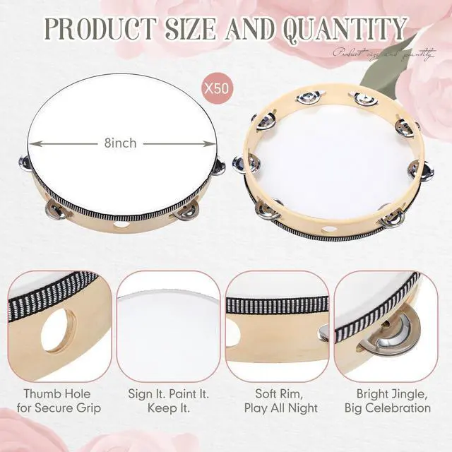 Alt view image 3 of 6 - 50 Pcs 8 Inch Tambourine Bulk Drum for Adults Operation Christmas Bulk Items Hand Held Percussion Gift Wood Metal Jingles Musical Educational Drum Instrument for Church Wedding Charity Party