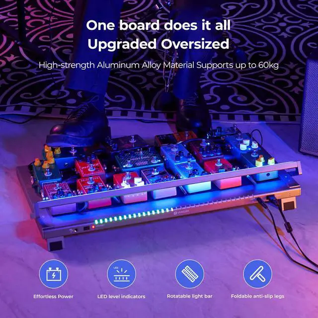 Alt view image 3 of 7 - Extra Large Guitar Pedal Board with Built-in Isolated Power Supply, Aluminum Alloy Folding Powered Guitar Pedalboard with Adjustable Light Bar with Wheeled Gig Bag, PD-L, 25.2"x13.8", Gray