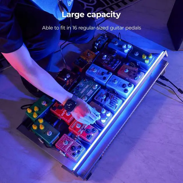 Alt view image 7 of 7 - Extra Large Guitar Pedal Board with Built-in Isolated Power Supply, Aluminum Alloy Folding Powered Guitar Pedalboard with Adjustable Light Bar with Wheeled Gig Bag, PD-L, 25.2"x13.8", Gray