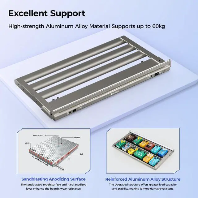 Alt view image 6 of 7 - Extra Large Guitar Pedal Board with Built-in Isolated Power Supply, Aluminum Alloy Folding Powered Guitar Pedalboard with Adjustable Light Bar with Wheeled Gig Bag, PD-L, 25.2"x13.8", Gray