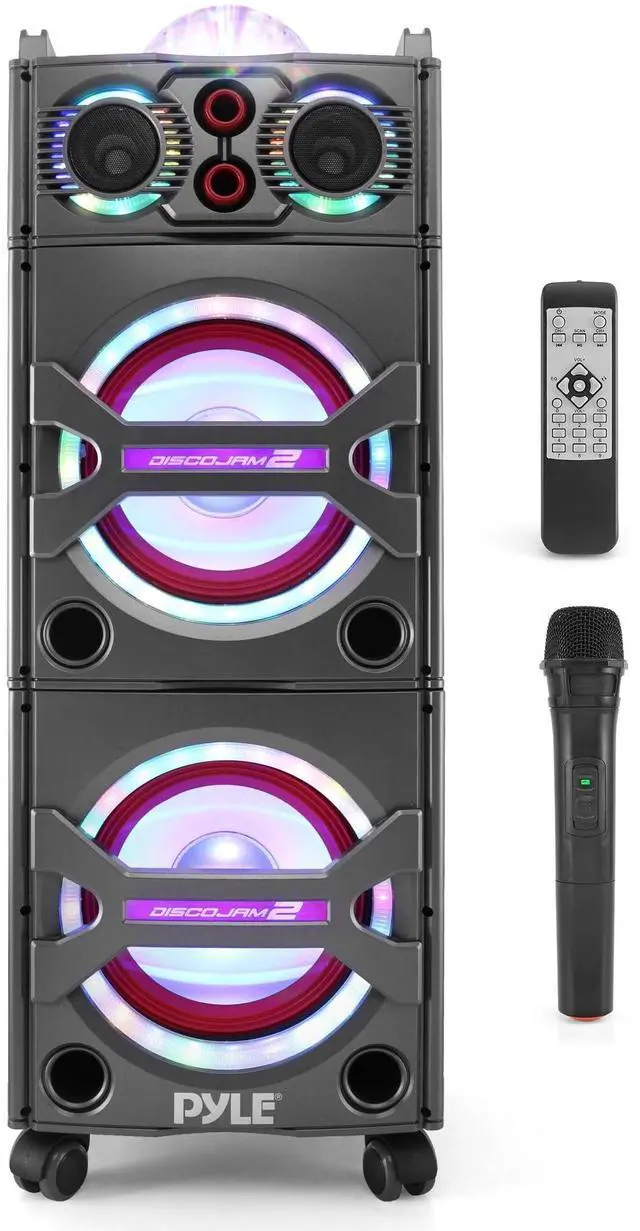 Main image of Portable Bluetooth PA Speaker System - 2000W Active Powered Outdoor Bluetooth Speaker Portable PA System w/Microphone in, Party Lights, USB SD Card Reader, AUX/RCA/FM Radio, Wheels - PSUFM1043BT