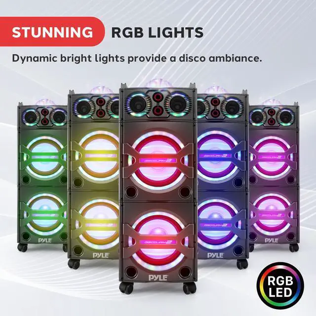 Alt view image 3 of 7 - Portable Bluetooth PA Speaker System - 2000W Active Powered Outdoor Bluetooth Speaker Portable PA System w/Microphone in, Party Lights, USB SD Card Reader, AUX/RCA/FM Radio, Wheels - PSUFM1043BT