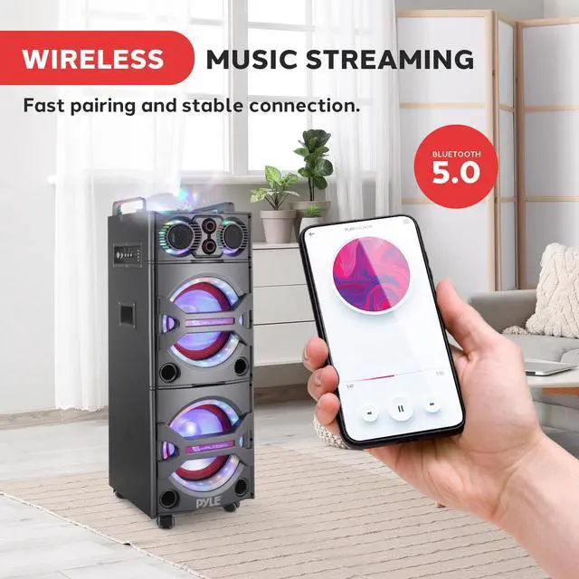 Alt view image 6 of 7 - Portable Bluetooth PA Speaker System - 2000W Active Powered Outdoor Bluetooth Speaker Portable PA System w/Microphone in, Party Lights, USB SD Card Reader, AUX/RCA/FM Radio, Wheels - PSUFM1043BT