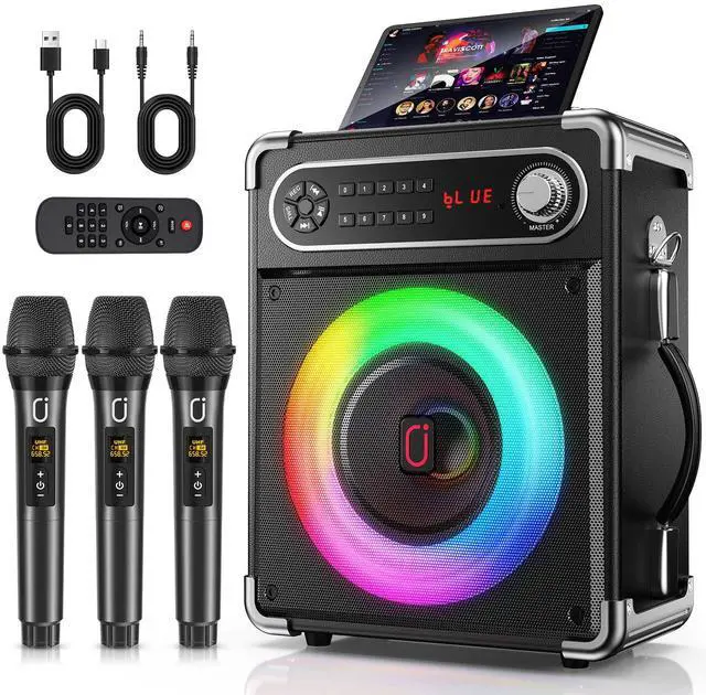 Main image of Karaoke Machine with 3 Wireless 0-Delay Microphones for Adults, Portable Bluetooth Speaker with 5.25" Woofer & 2" Tweeter, PA System Bass/Treble/Echo Control Supports TWS/FM/TV/AUX/USB/TF/REC