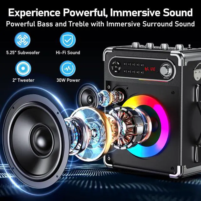 Alt view image 2 of 7 - Karaoke Machine with 3 Wireless 0-Delay Microphones for Adults, Portable Bluetooth Speaker with 5.25" Woofer & 2" Tweeter, PA System Bass/Treble/Echo Control Supports TWS/FM/TV/AUX/USB/TF/REC