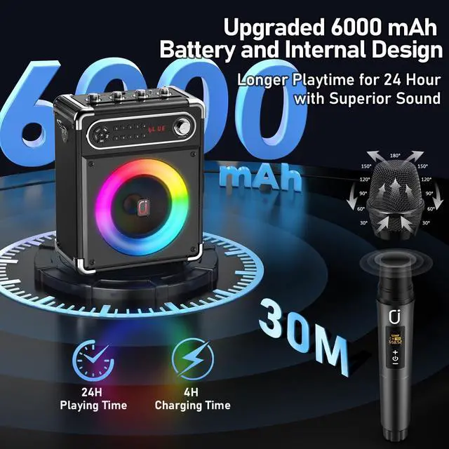 Alt view image 3 of 7 - Karaoke Machine with 3 Wireless 0-Delay Microphones for Adults, Portable Bluetooth Speaker with 5.25" Woofer & 2" Tweeter, PA System Bass/Treble/Echo Control Supports TWS/FM/TV/AUX/USB/TF/REC