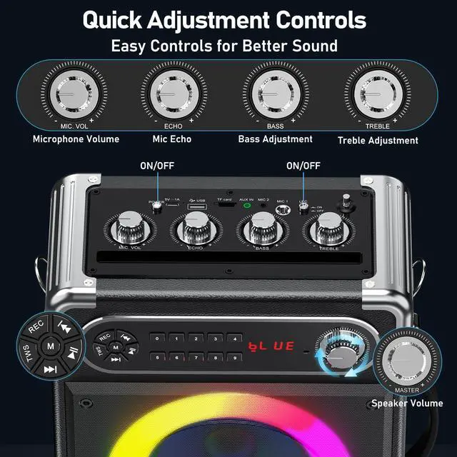 Alt view image 4 of 7 - Karaoke Machine with 3 Wireless 0-Delay Microphones for Adults, Portable Bluetooth Speaker with 5.25" Woofer & 2" Tweeter, PA System Bass/Treble/Echo Control Supports TWS/FM/TV/AUX/USB/TF/REC