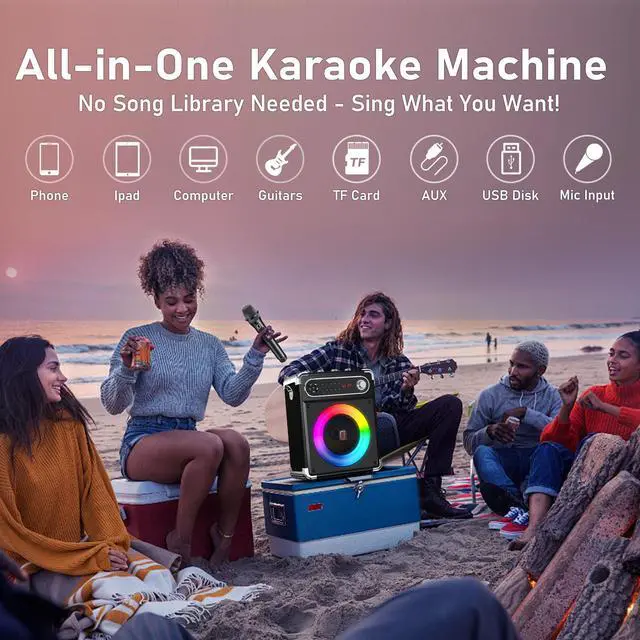 Alt view image 7 of 7 - Karaoke Machine with 3 Wireless 0-Delay Microphones for Adults, Portable Bluetooth Speaker with 5.25" Woofer & 2" Tweeter, PA System Bass/Treble/Echo Control Supports TWS/FM/TV/AUX/USB/TF/REC