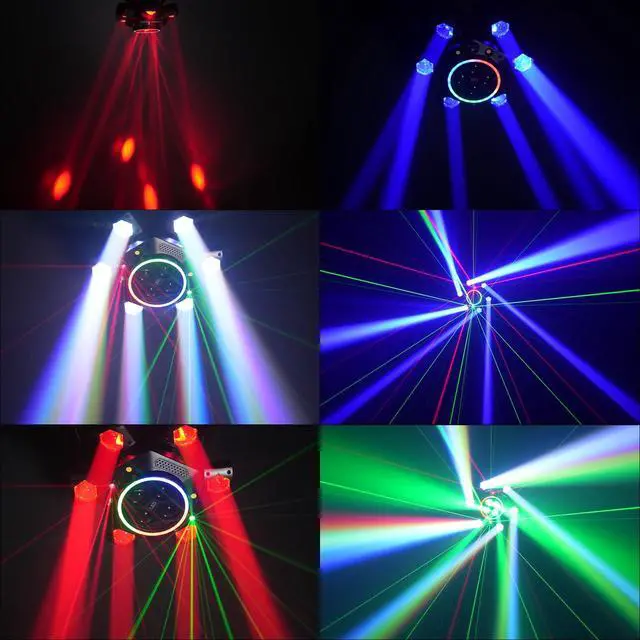 Alt view image 2 of 7 - Moving Head DJ Lights 150W RGBW, 6-Arm Party Stage Light with Remote | 150W RGBW 6-arm beams, LED strip, DMX-512 & sound-activated, quiet motor, sharp beam through haze/fog, home party use