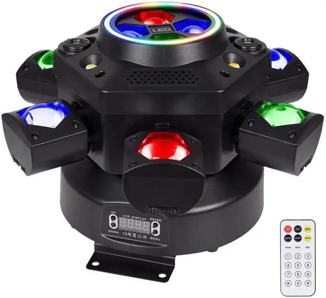 Main image of Moving Head DJ Lights 150W RGBW, 6-Arm Party Stage Light with Remote | 150W RGBW 6-arm beams, LED strip, DMX-512 & sound-activated, quiet motor, sharp beam through haze/fog, home party use