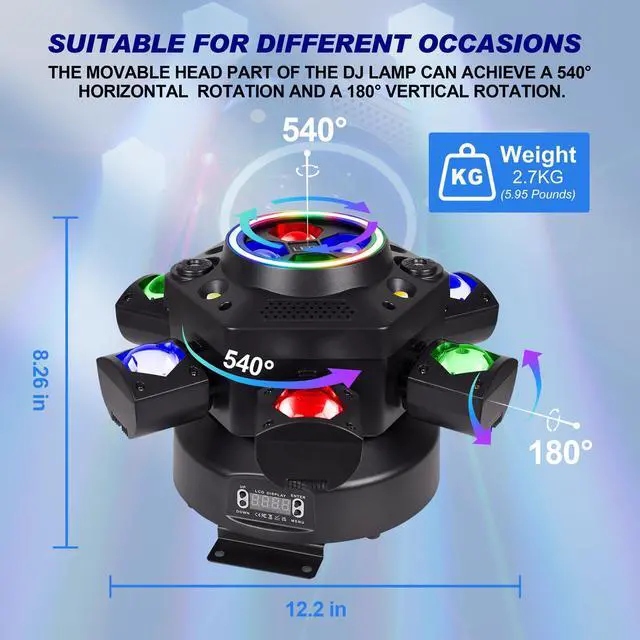 Alt view image 4 of 7 - Moving Head DJ Lights 150W RGBW, 6-Arm Party Stage Light with Remote | 150W RGBW 6-arm beams, LED strip, DMX-512 & sound-activated, quiet motor, sharp beam through haze/fog, home party use