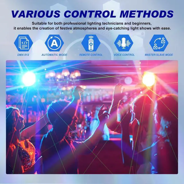 Alt view image 6 of 7 - Moving Head DJ Lights 150W RGBW, 6-Arm Party Stage Light with Remote | 150W RGBW 6-arm beams, LED strip, DMX-512 & sound-activated, quiet motor, sharp beam through haze/fog, home party use