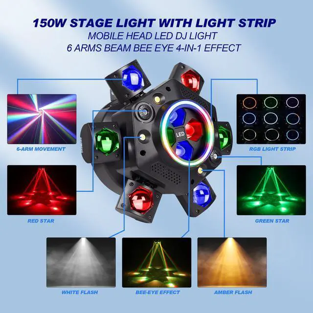 Alt view image 3 of 7 - Moving Head DJ Lights 150W RGBW, 6-Arm Party Stage Light with Remote | 150W RGBW 6-arm beams, LED strip, DMX-512 & sound-activated, quiet motor, sharp beam through haze/fog, home party use