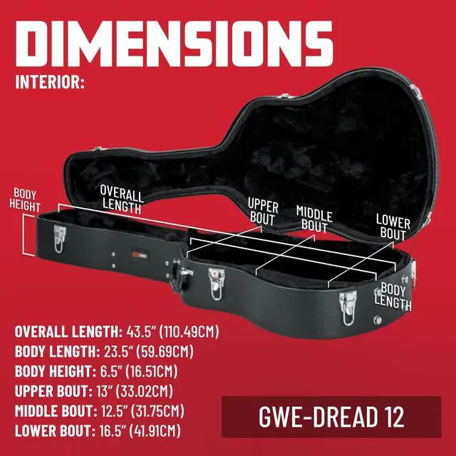 Alt view image 4 of 7 - Cases Traditonal Series Hard-Shell Wood Case for 6 or 12-String Dreadnought Style Acoustic Guitars, (GWE-DREAD 12)
