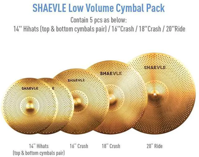 Alt view image 2 of 5 - Low Volume Cymbal Pack Golden Mute Cymbal 14"Hi-hat+16"Crash+18'Crash+20"Ride Quiet Drum Cymbal Pack for Practice