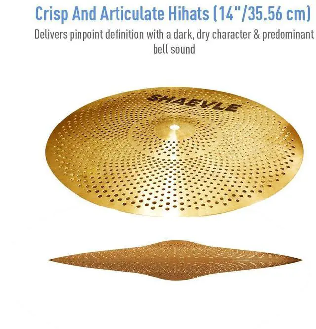 Alt view image 3 of 5 - Low Volume Cymbal Pack Golden Mute Cymbal 14"Hi-hat+16"Crash+18'Crash+20"Ride Quiet Drum Cymbal Pack for Practice