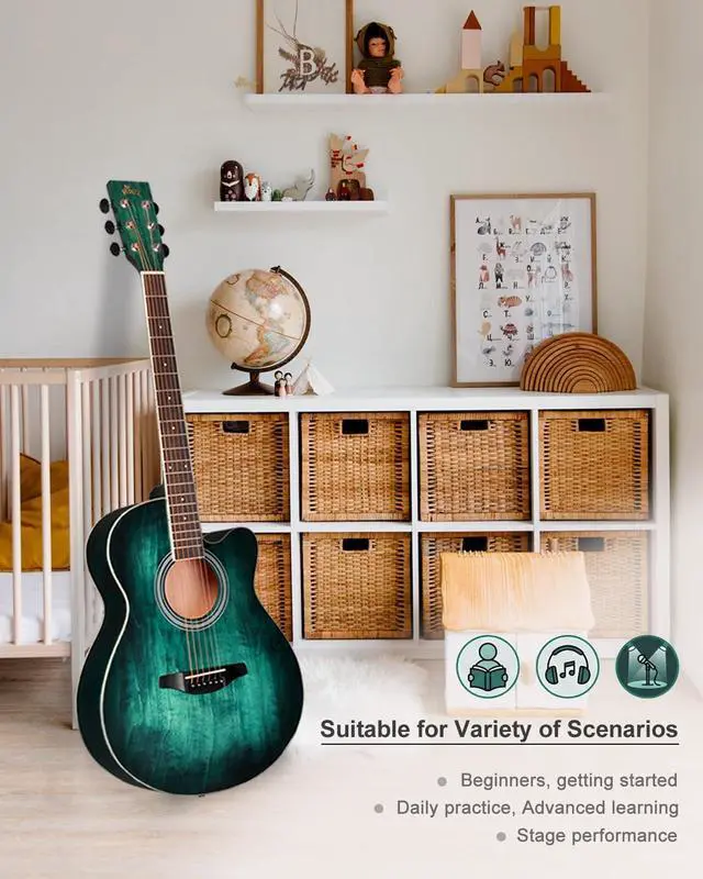 Alt view image 5 of 7 - 40 Inches Acoustic Steel-string Guitar Beginner, Elegant Unique Color Design (Blue-green)