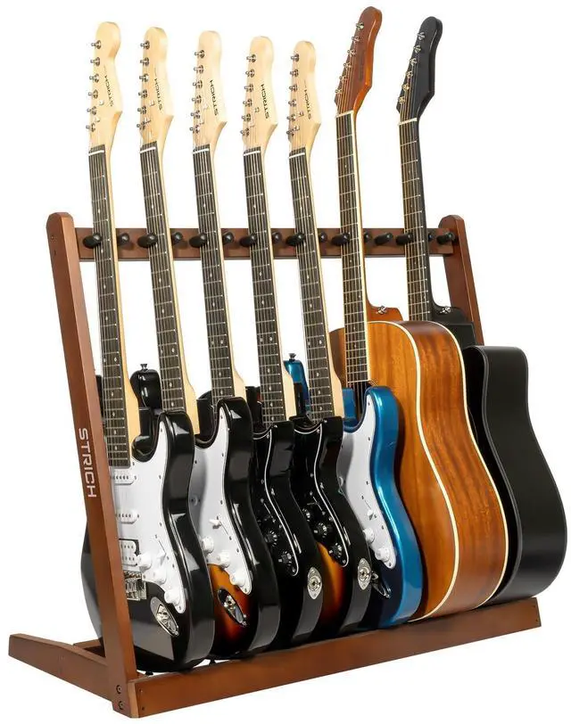 Main image of Wooden Guitar Stand Multiple Guitars, Guitar Rack for 5 Acoustic or 8 Electric Guitars & Basses, Floor Standing Multi Guitar Display for Studio & Home - Protective Padding, SMT-10 (8-Holder)