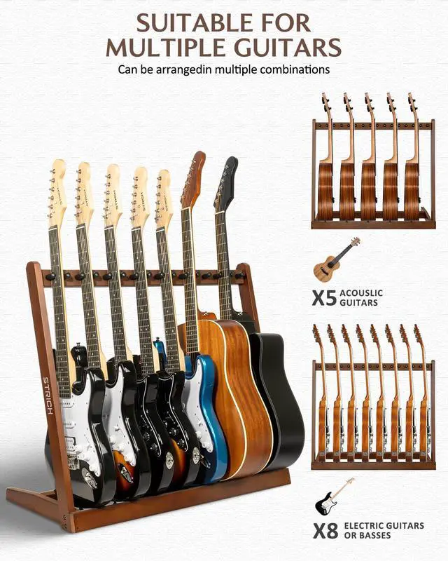 Alt view image 2 of 6 - Wooden Guitar Stand Multiple Guitars, Guitar Rack for 5 Acoustic or 8 Electric Guitars & Basses, Floor Standing Multi Guitar Display for Studio & Home - Protective Padding, SMT-10 (8-Holder)