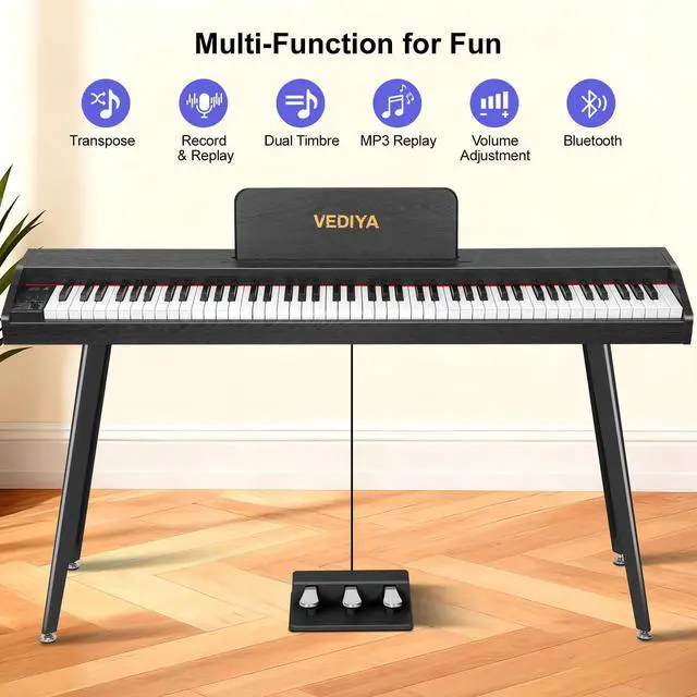 Alt view image 3 of 7 - 88 Key Digital Piano Keyboard, Semi-Weighted Electric Piano, Full Size Piano Keyboard for Beginners with Triple Pedal, Sheet Music Stand, USB-MIDI Compatibility (Modern Black)