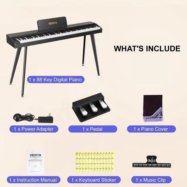 Alt view image 6 of 7 - 88 Key Digital Piano Keyboard, Semi-Weighted Electric Piano, Full Size Piano Keyboard for Beginners with Triple Pedal, Sheet Music Stand, USB-MIDI Compatibility (Modern Black)