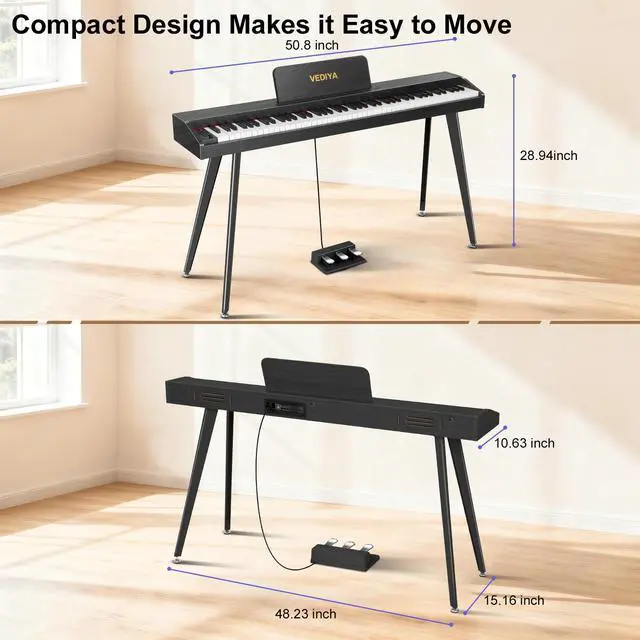 Alt view image 7 of 7 - 88 Key Digital Piano Keyboard, Semi-Weighted Electric Piano, Full Size Piano Keyboard for Beginners with Triple Pedal, Sheet Music Stand, USB-MIDI Compatibility (Modern Black)