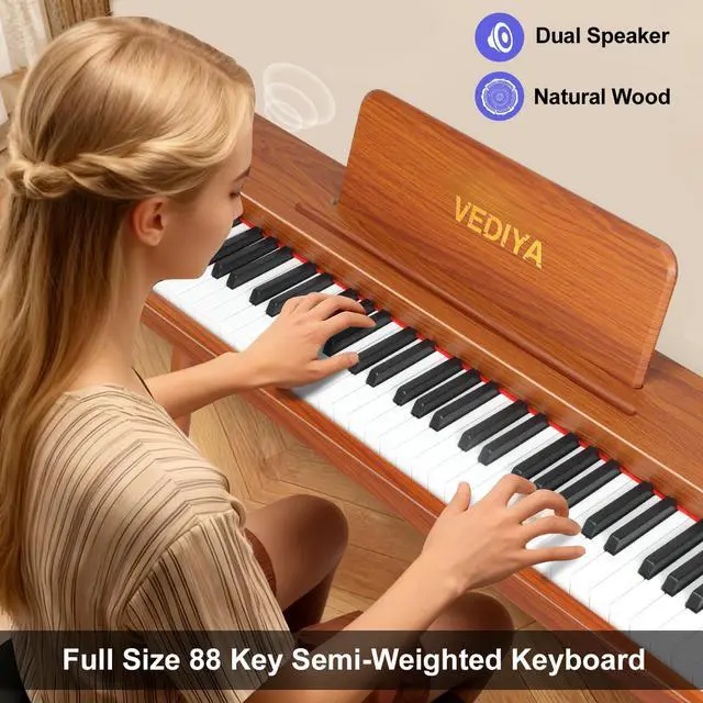 Alt view image 2 of 7 - 88 Key Digital Piano Keyboard, Semi-Weighted Electric Piano, Full Size Piano Keyboard for Beginners with Triple Pedal, Sheet Music Stand, USB-MIDI Compatibility (Classic Brown)