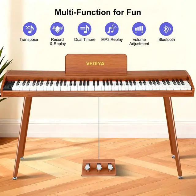 Alt view image 3 of 7 - 88 Key Digital Piano Keyboard, Semi-Weighted Electric Piano, Full Size Piano Keyboard for Beginners with Triple Pedal, Sheet Music Stand, USB-MIDI Compatibility (Classic Brown)